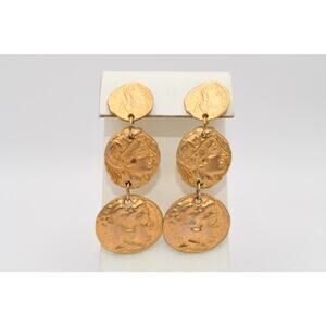 Vintage Castlecliff Roman Coin Dangle Earrings Gold Tone 3 Inch